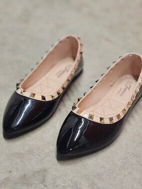 Black Patent Pointed Toe Flats With Gold Studded Trim